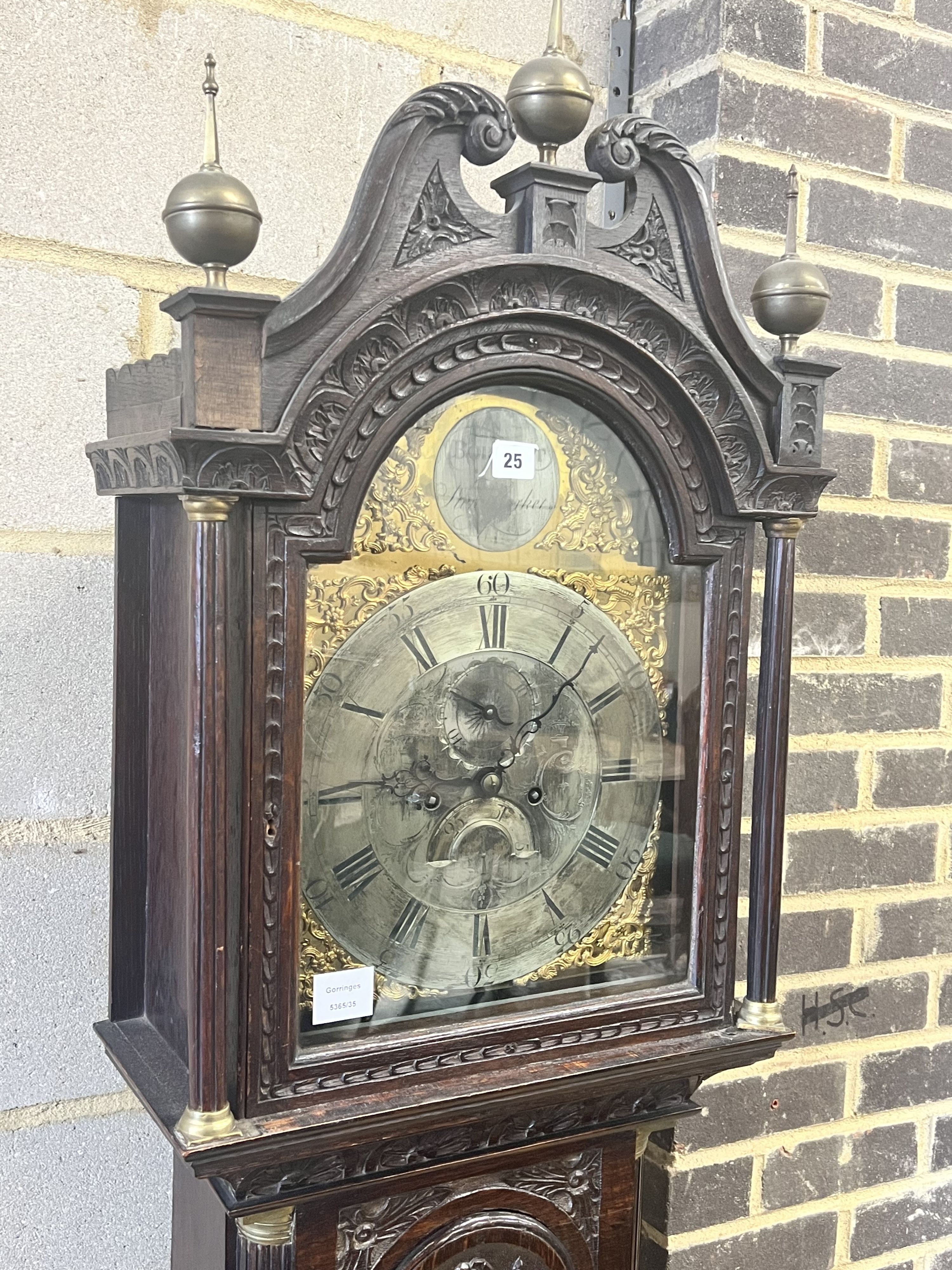 Barrett of Stowmarket. A George III carved oak eight day longcase clock, height 220cm